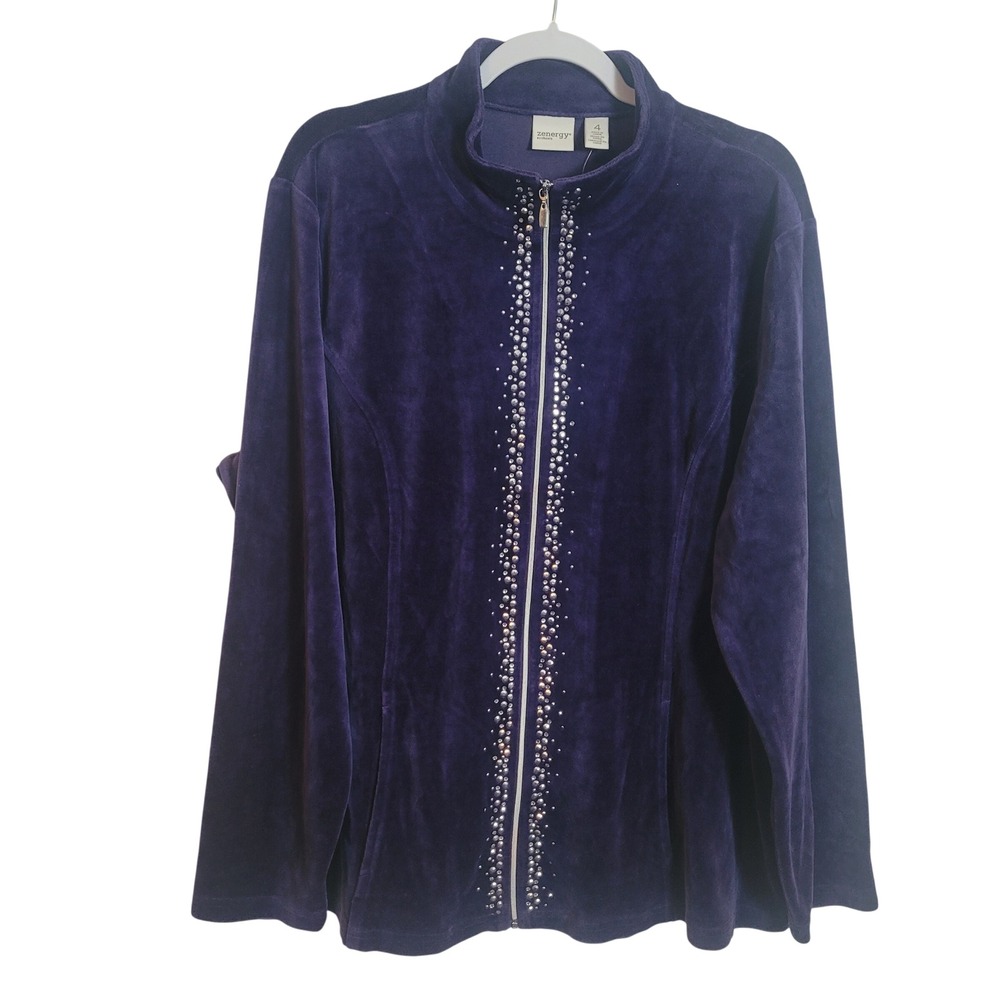 Chicos Zenergy Velour Embellished Placket Jacket Wild Iris Purple Size XXL NEW